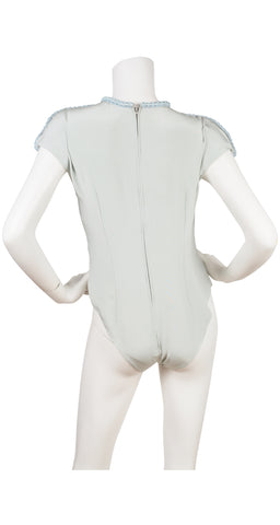 1980s Beaded Cord Pastel Blue Silk Crepe Bodysuit