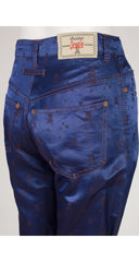 1990s Skull & Crossbones Print Blue Jacquard Satin Pants