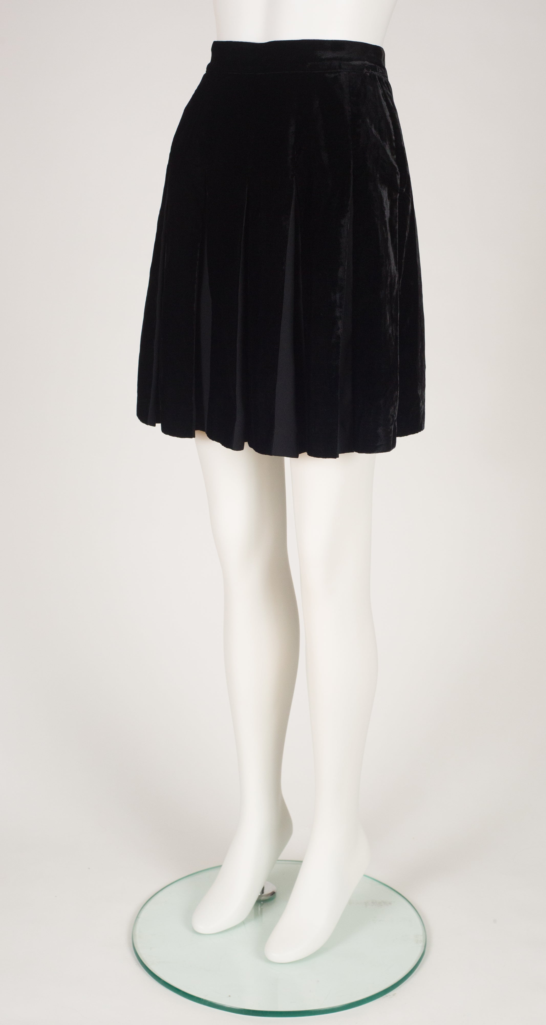1990s Black Velvet Pleated Mini Skirt