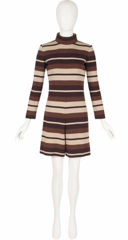 1970s Brown Striped Wool Jersey Turtleneck Romper