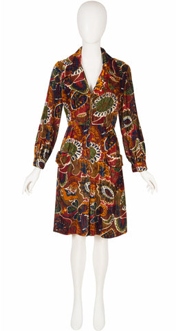 1960s Printed Velvet Pointed Collar Dress
