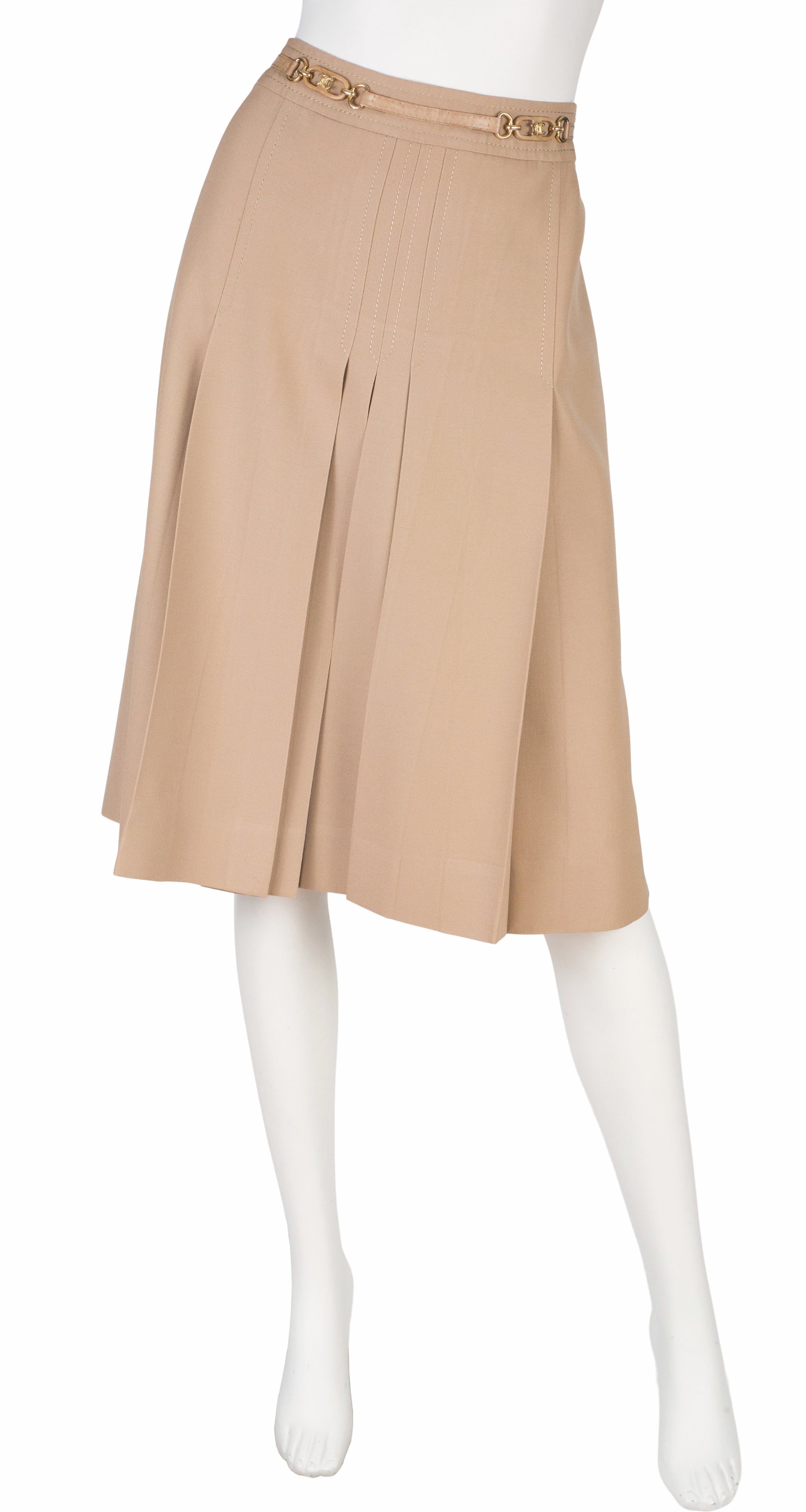 1970s Horsebit Beige Wool Gabardine Pleated Skirt