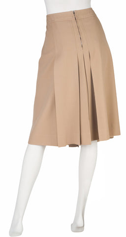 1970s Horsebit Beige Wool Gabardine Pleated Skirt