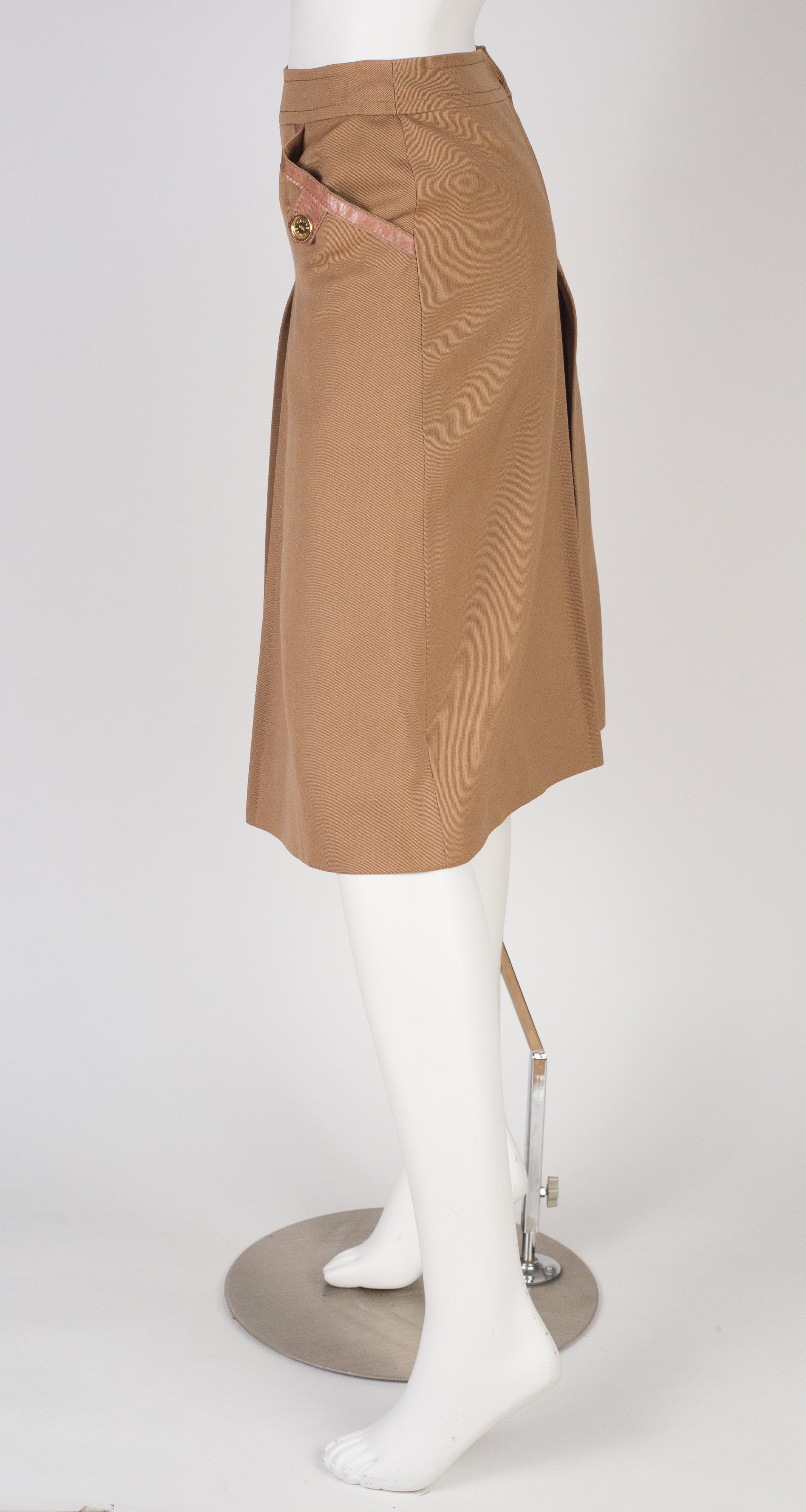 1970s Tan Wool Gabardine & Leather Culottes
