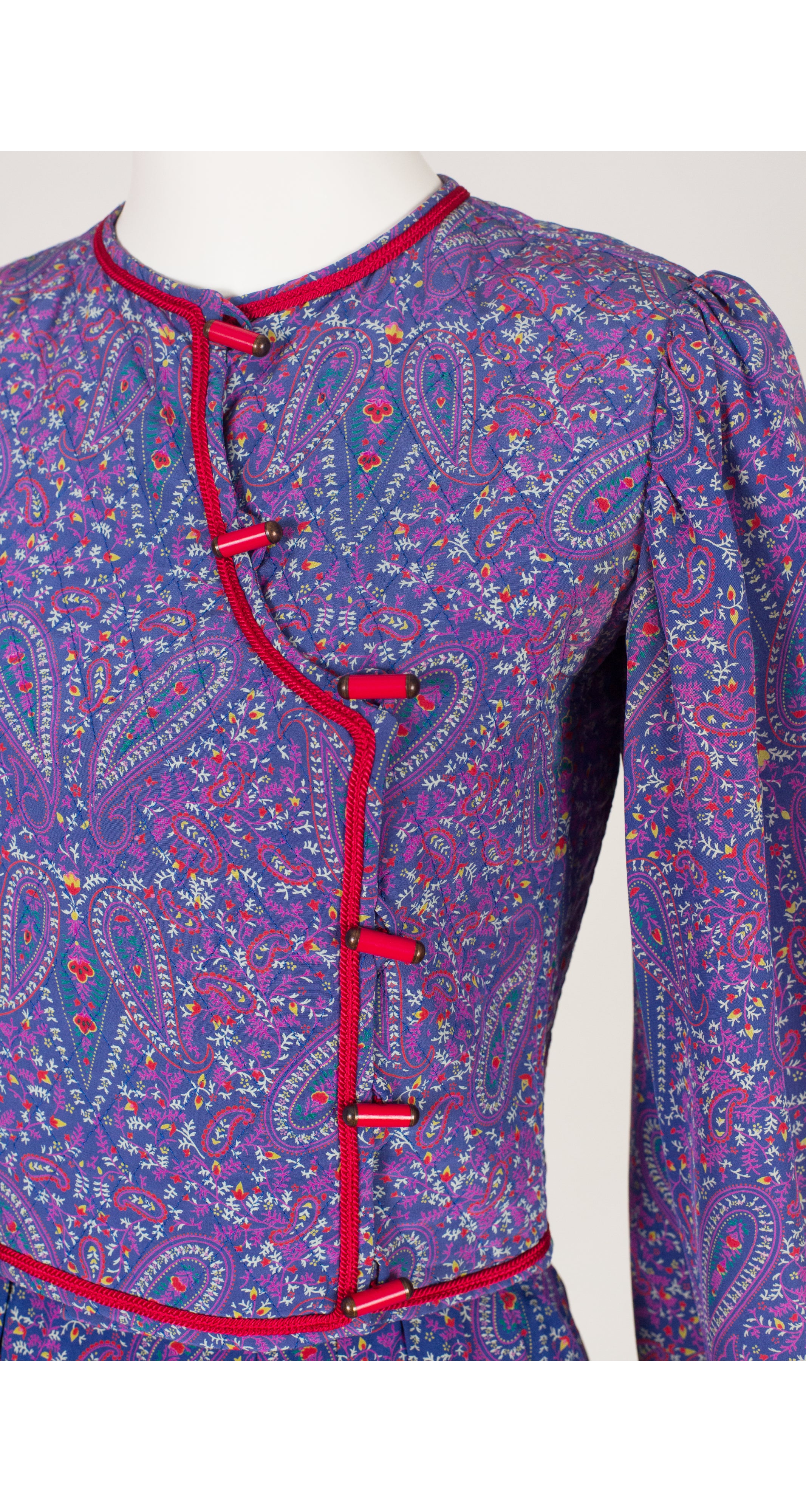 1977 Blue Paisley Silk Toggle Jacket & Skirt Set