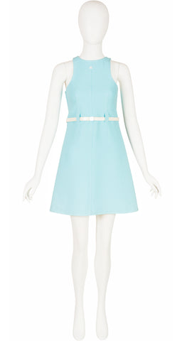 1990s Mod Ribbed Baby Blue Cotton Mini Dress