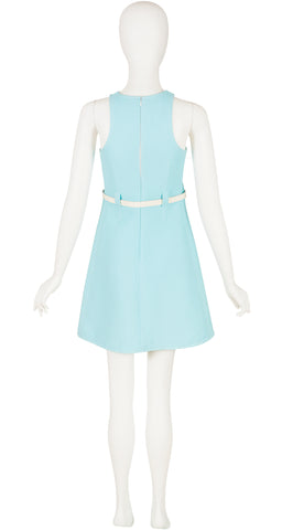 1990s Mod Ribbed Baby Blue Cotton Mini Dress
