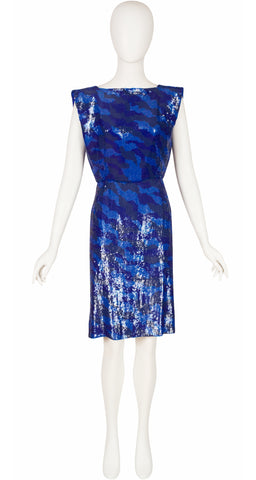 1980s Blue Sequin Backless Dress