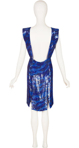 1980s Blue Sequin Backless Dress