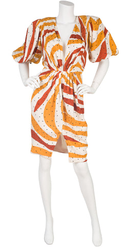 1980s Silk Jacquard Plunge Neck Party Dress