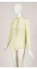 1970s Printed Pastel Green Silk Long Sleeve Blouse