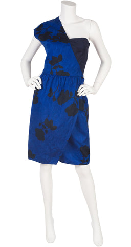 1980s Blue Floral Jacquard Cotton One-Shoulder Dress