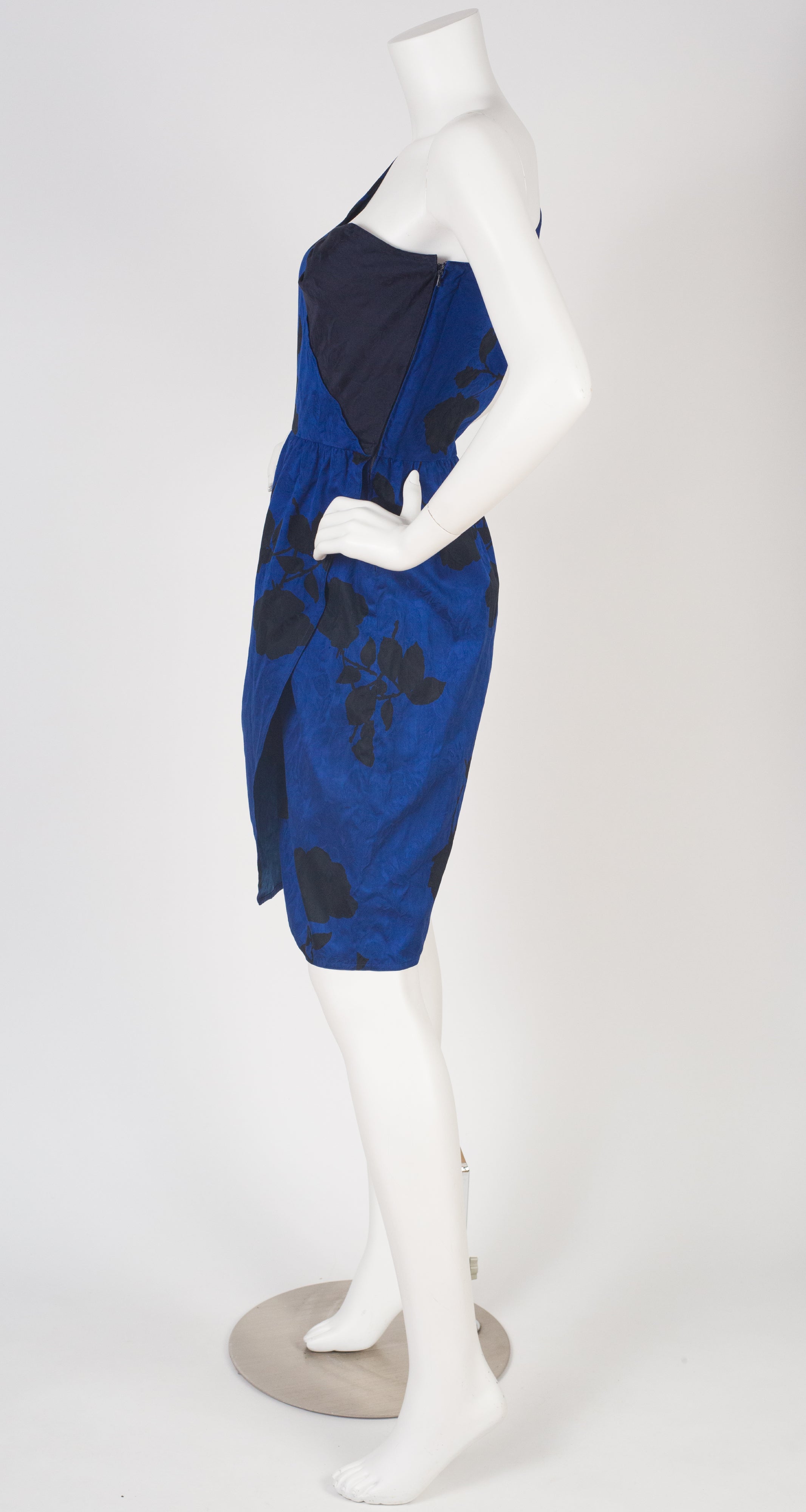 1980s Blue Floral Jacquard Cotton One-Shoulder Dress