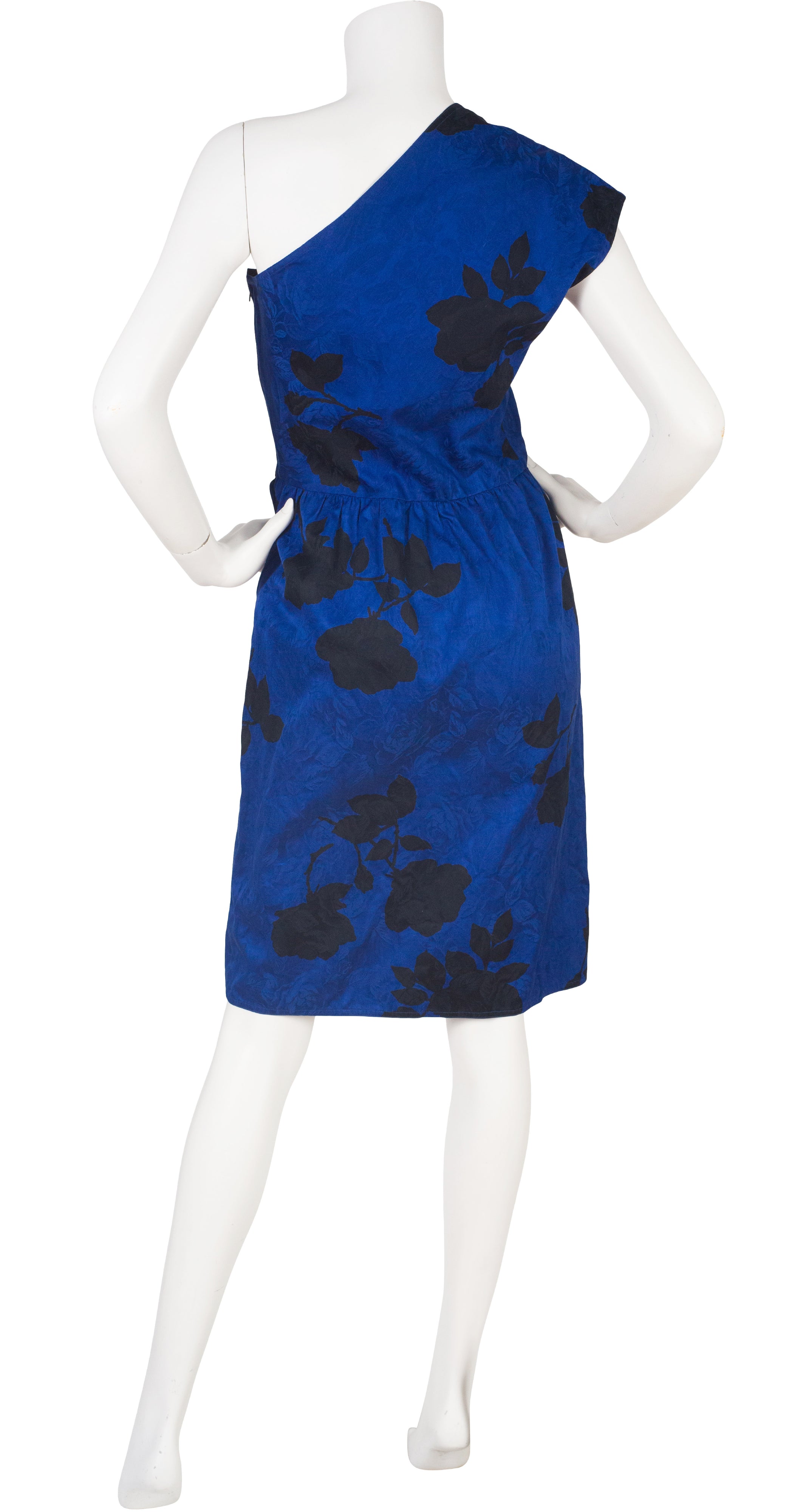 1980s Blue Floral Jacquard Cotton One-Shoulder Dress