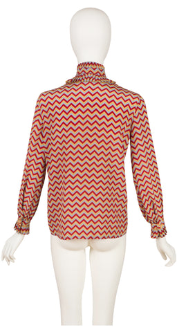 1970s Chevron Silk Pleated Ruffle Blouse
