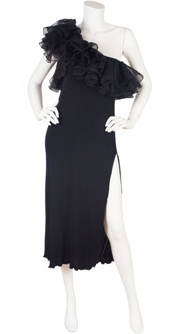 1970s Black Jersey Ruffle Silk Organza One-Shoulder Dress