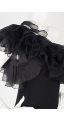 1970s Black Jersey Ruffle Silk Organza One-Shoulder Dress