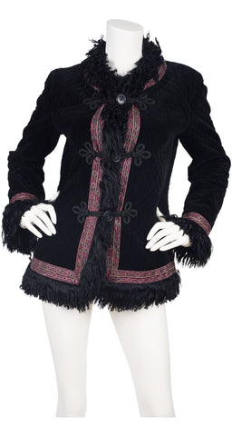 1970s Sheepskin Trim Black Quilted Velvet Jacket