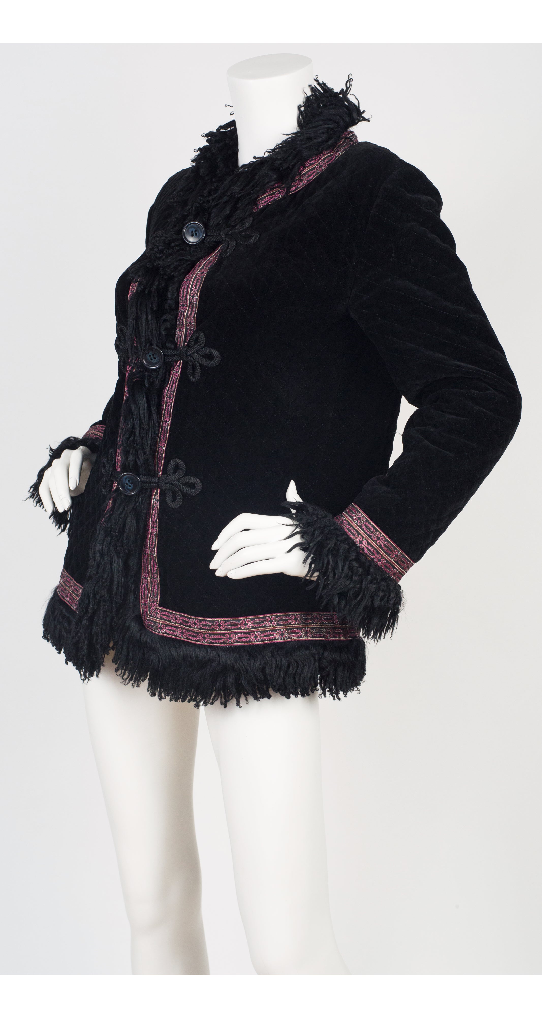 1970s Sheepskin Trim Black Quilted Velvet Jacket