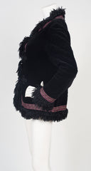 1970s Sheepskin Trim Black Quilted Velvet Jacket