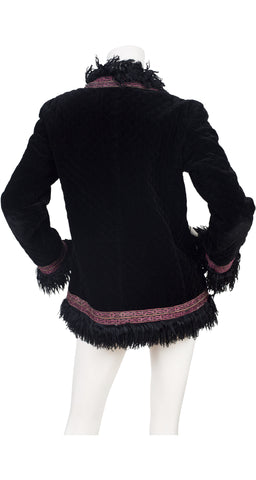 1970s Sheepskin Trim Black Quilted Velvet Jacket