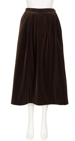 1970s Dark Brown Cotton Velvet Pleated Midi Skirt