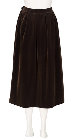 1970s Dark Brown Cotton Velvet Pleated Midi Skirt