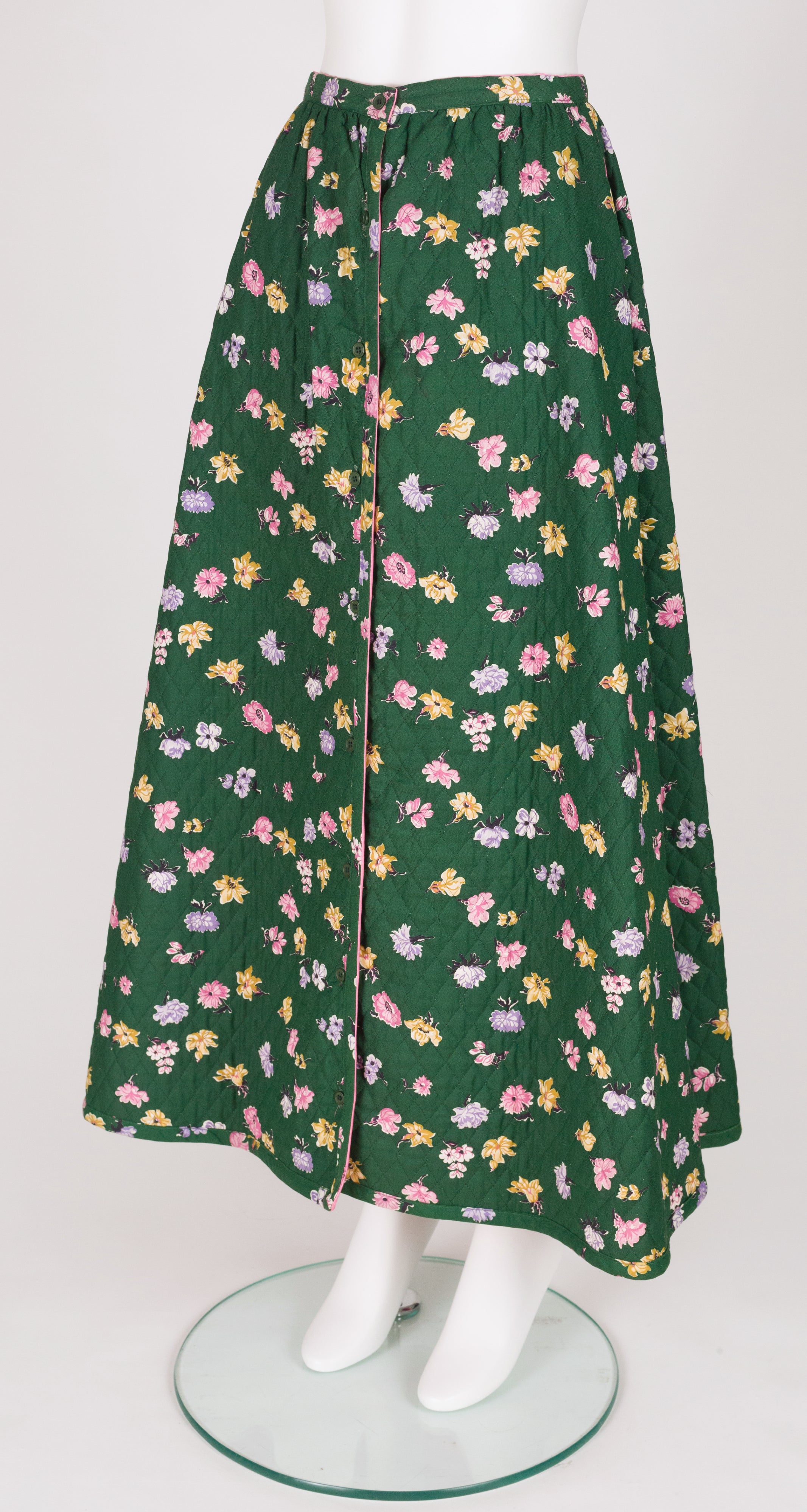 1970s Floral Green Quilted Cotton Maxi Skirt
