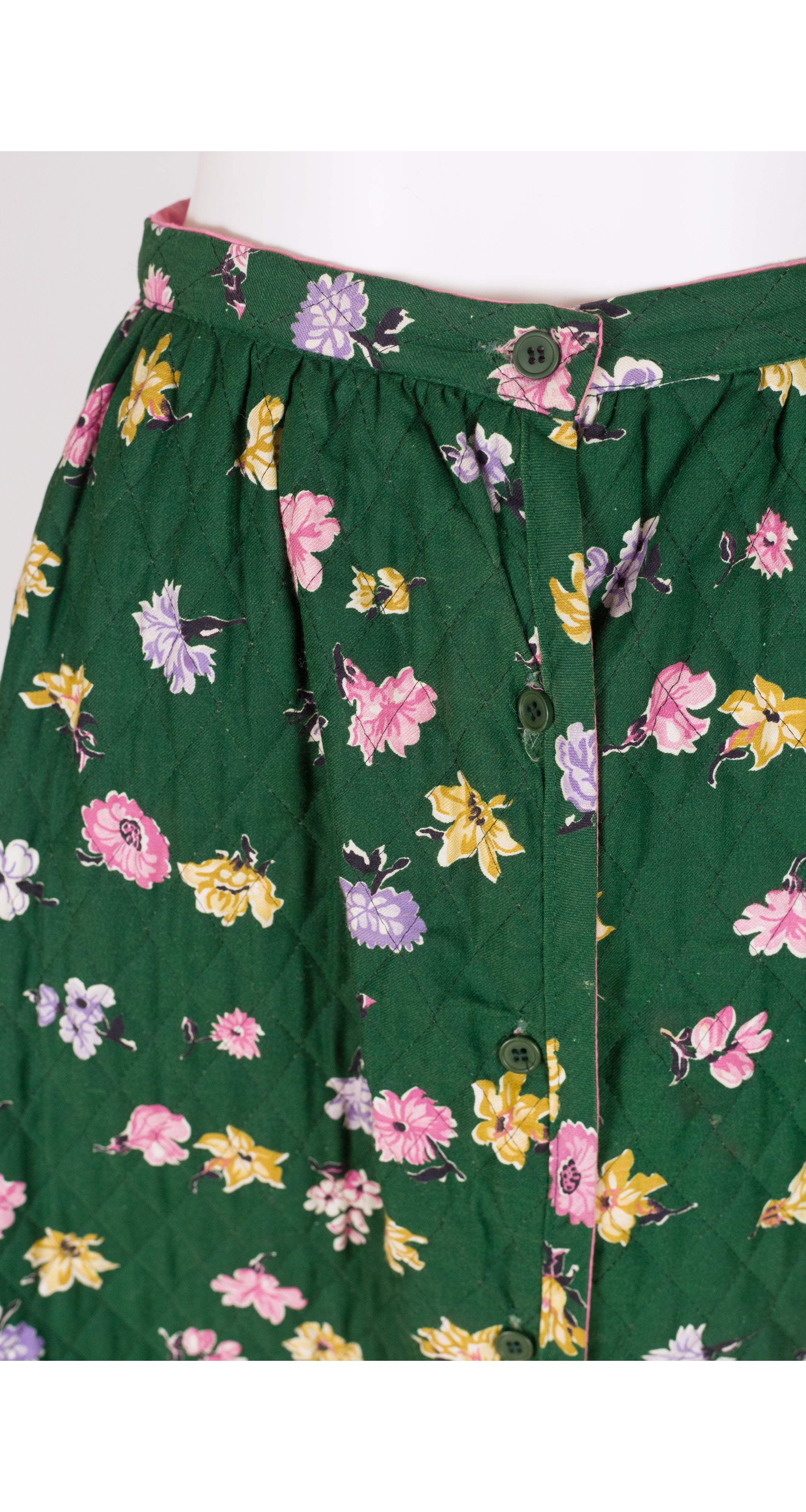 1970s Floral Green Quilted Cotton Maxi Skirt