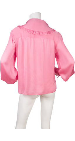 1970s Pink Silk Ruffle Tie-Neck Blouse
