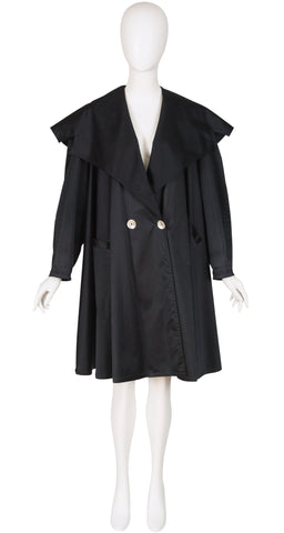 1970s Exaggerated Collar Black Satin Swing Raincoat