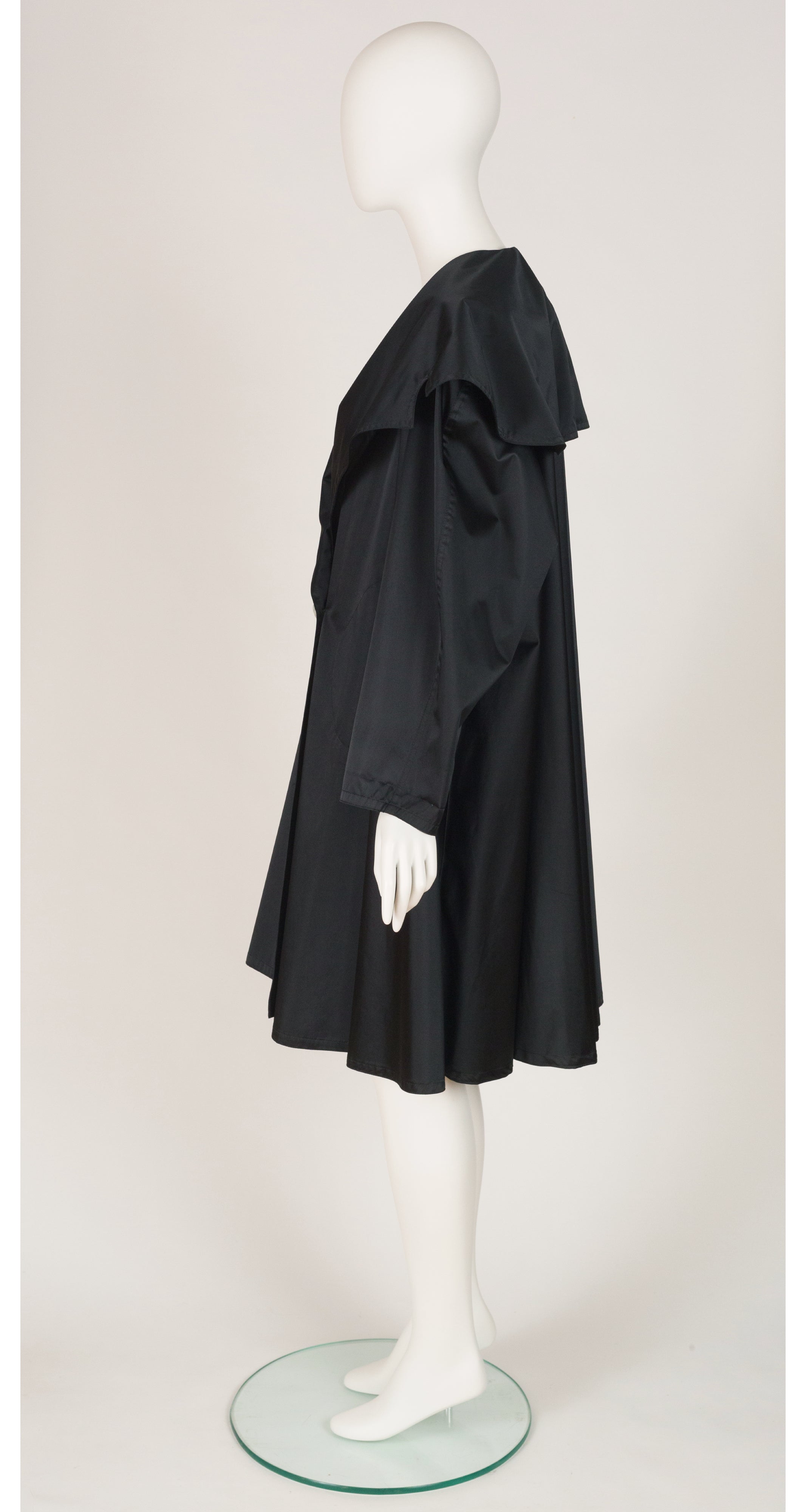 1970s Exaggerated Collar Black Satin Swing Raincoat