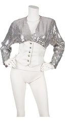 1980s Silver Sequin & Silk Satin Evening Jacket