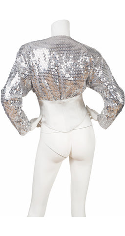 1980s Silver Sequin & Silk Satin Evening Jacket