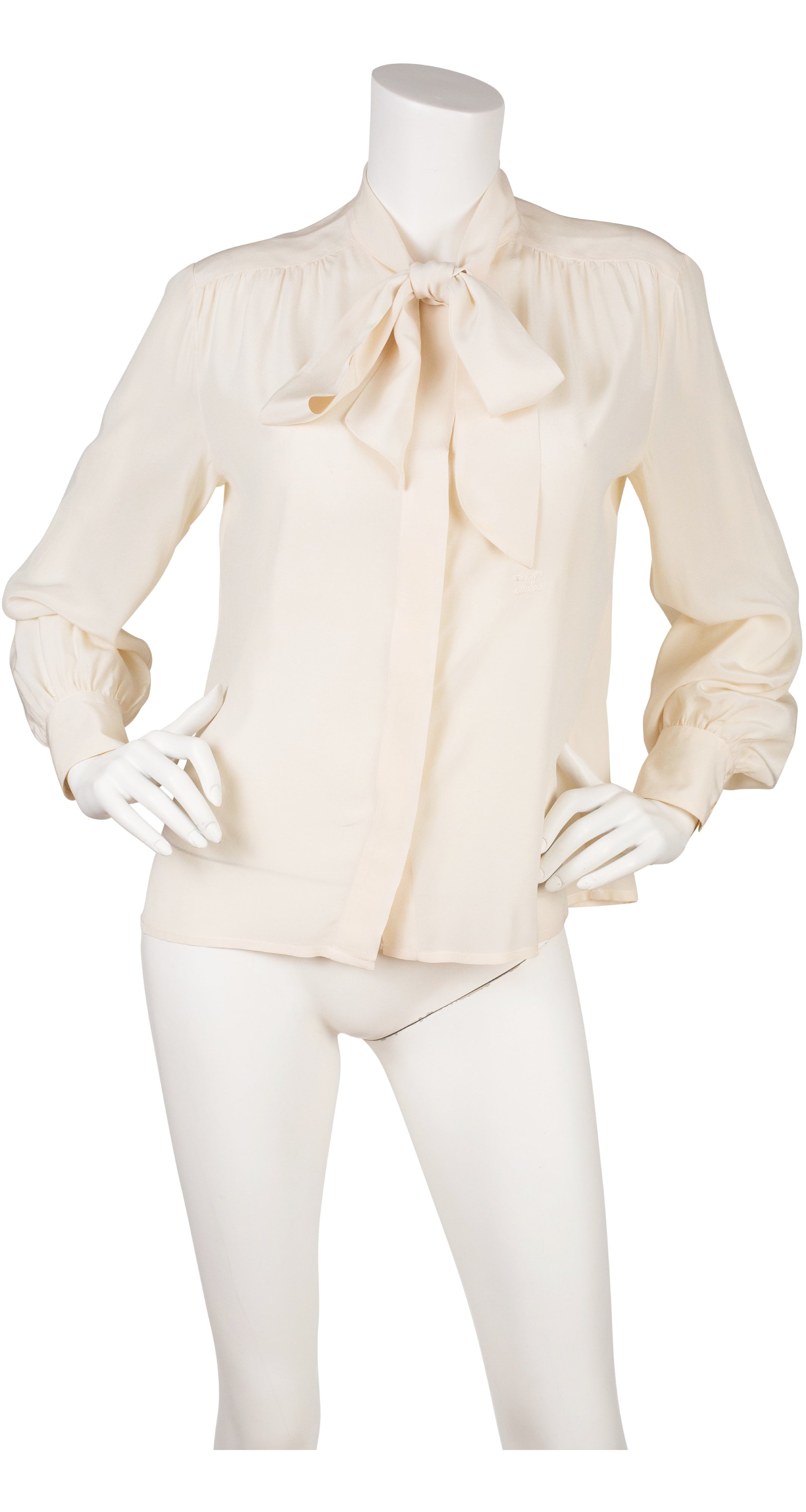 Celine 1970s Vintage Logo Cream Silk Tie-Neck Blouse – Featherstone Vintage