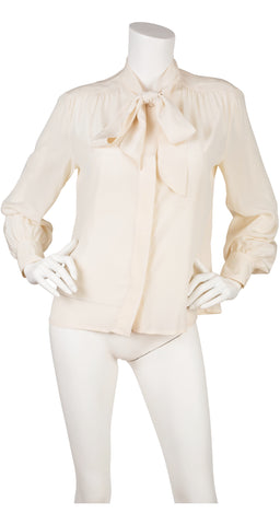 1970s Logo Cream Silk Tie-Neck Blouse