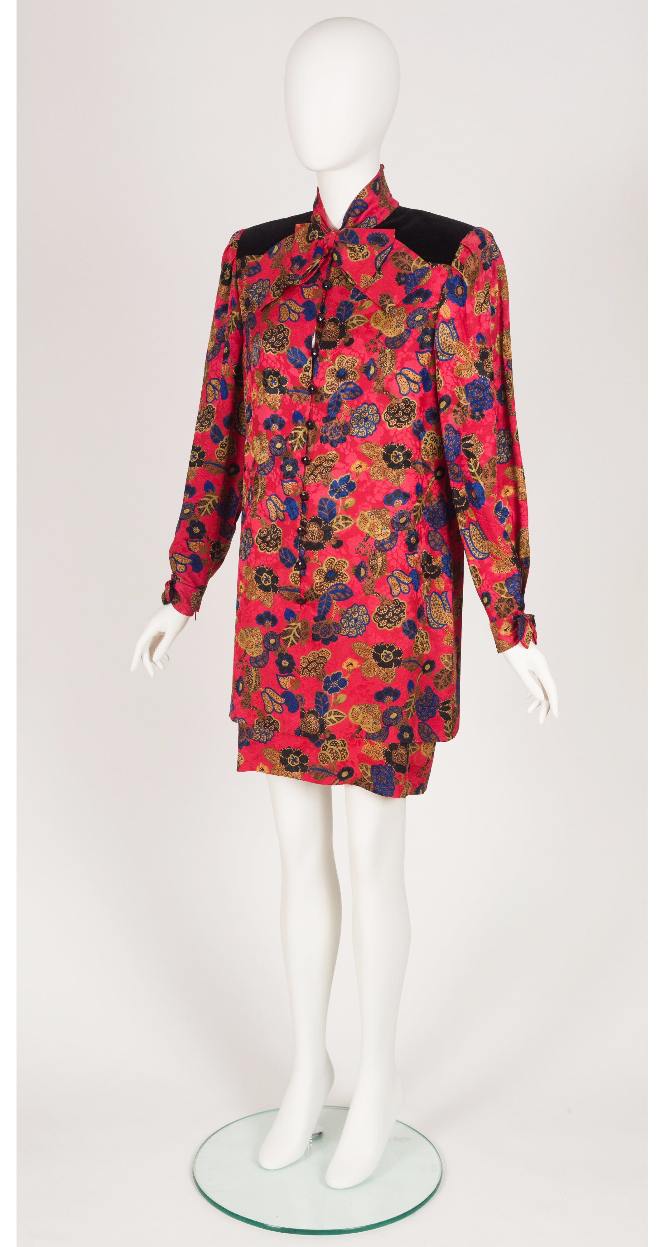 1980s Floral Silk Jacquard & Velvet Bow Dress