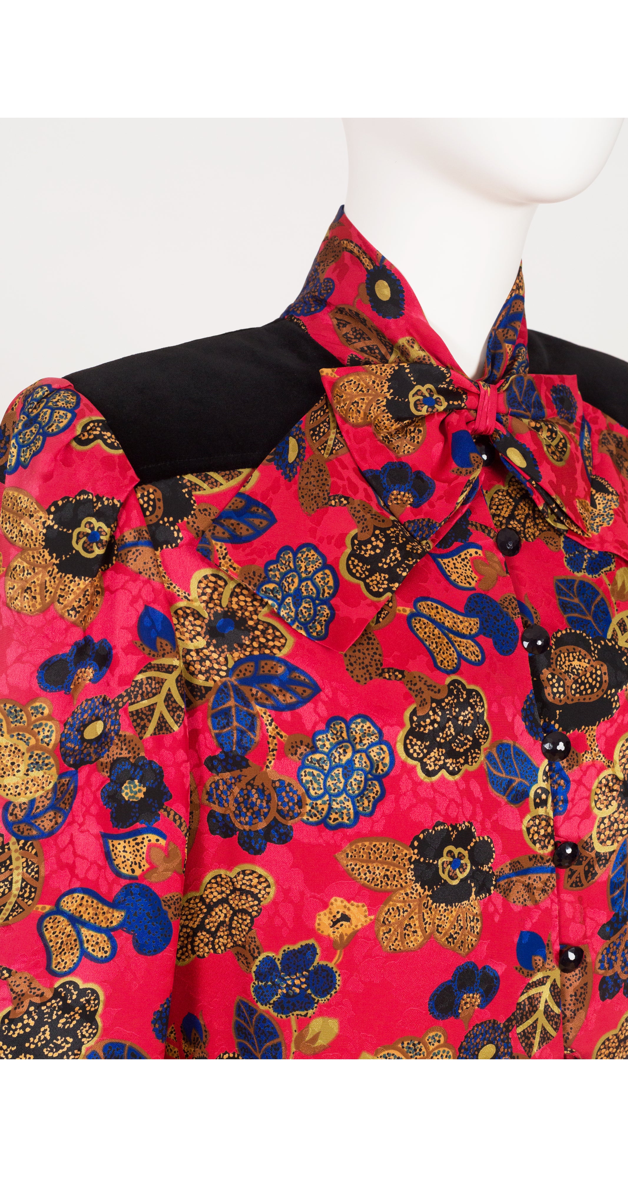 1980s Floral Silk Jacquard & Velvet Bow Dress