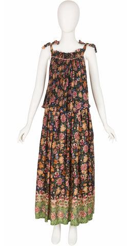 1970s Floral Tiered Tie Strap Maxi Dress