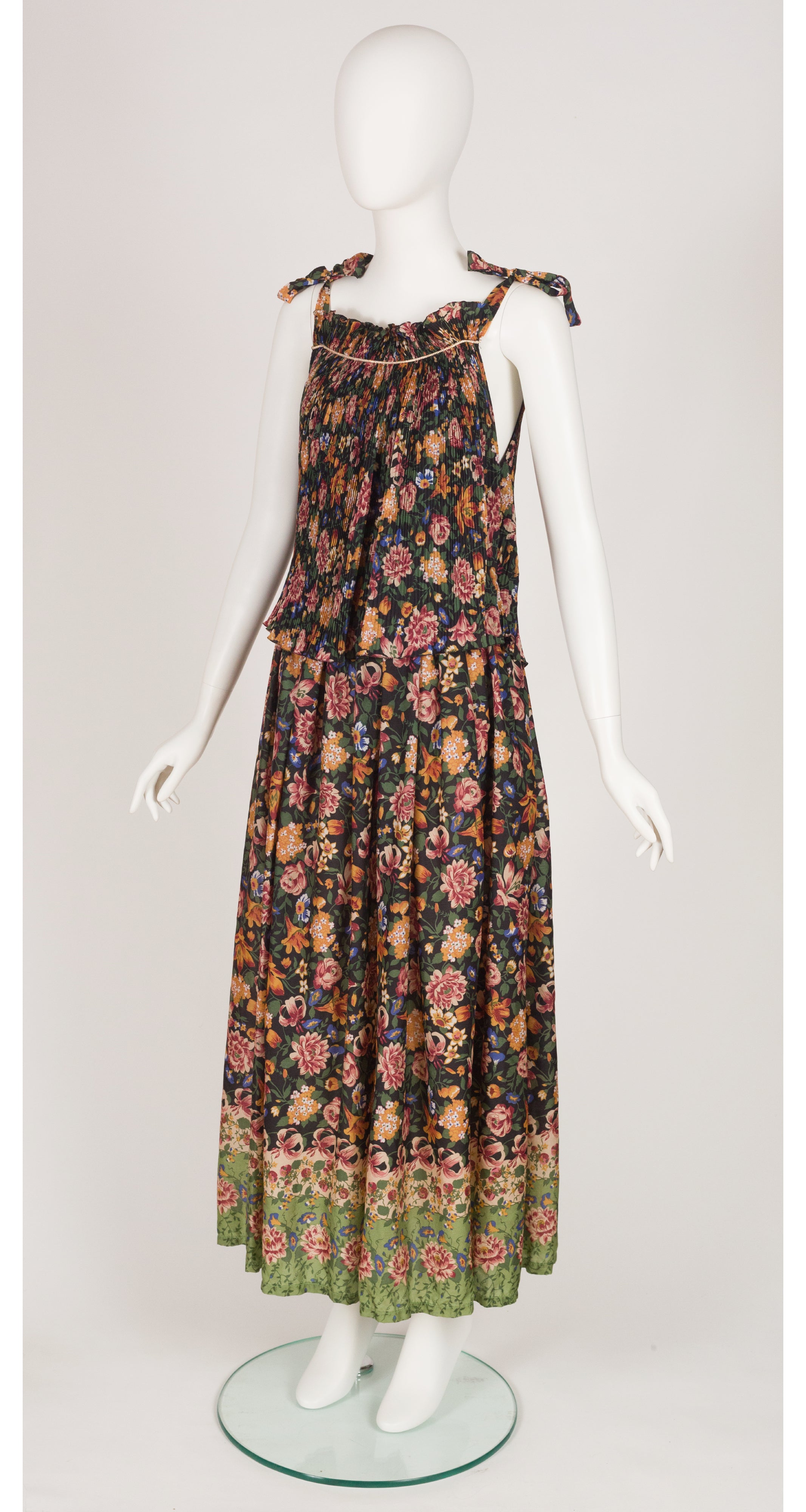 1970s Floral Tiered Tie Strap Maxi Dress