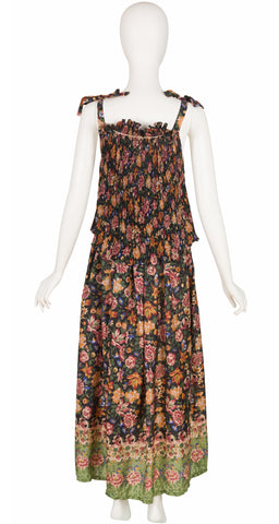 1970s Floral Tiered Tie Strap Maxi Dress