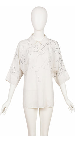 1970s Embroidered Woman Line Drawing White Blouse
