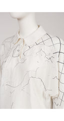 1970s Embroidered Woman Line Drawing White Blouse