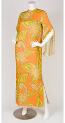 1970s Paisley Orange Silk Chiffon Maxi Dress
