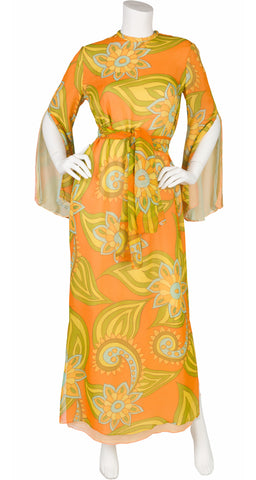1970s Paisley Orange Silk Chiffon Maxi Dress