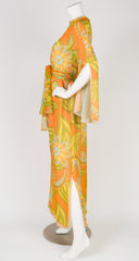 1970s Paisley Orange Silk Chiffon Maxi Dress