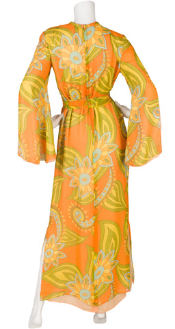 1970s Paisley Orange Silk Chiffon Maxi Dress