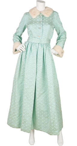 1960s NWT Mink Fur Trim Aqua Brocade Hostess Gown
