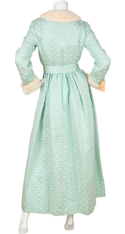 1960s NWT Mink Fur Trim Aqua Brocade Hostess Gown