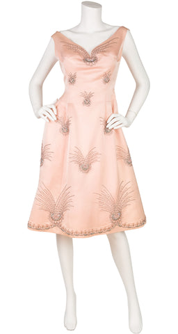 1960s Embellished Pink Satin Cocktail Dress